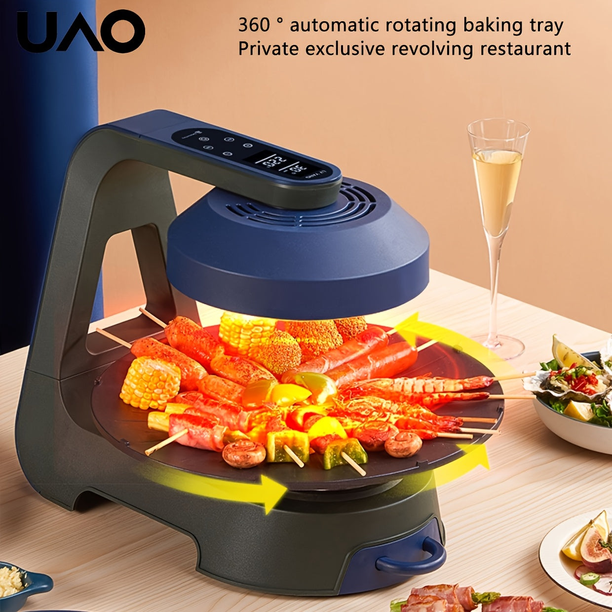 UAO Elektrik BBQ Grill LCD Touch Screen bilan, Cheksiz tutun chiqaradigan aylanuvchi barbekyu pech, ichki va tashqi foydalanish uchun mos. Uyda pishirish va tabiatda sayohat qilish uchun ideal, batareyaga ehtiyoj yo'q. Ajoyib grill qilish