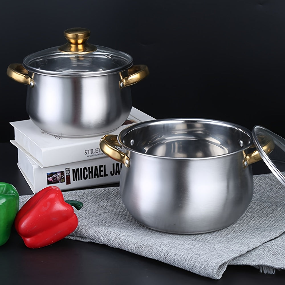 Soup Pot Set with Curved Bottom and Golden Handles for Cooking
