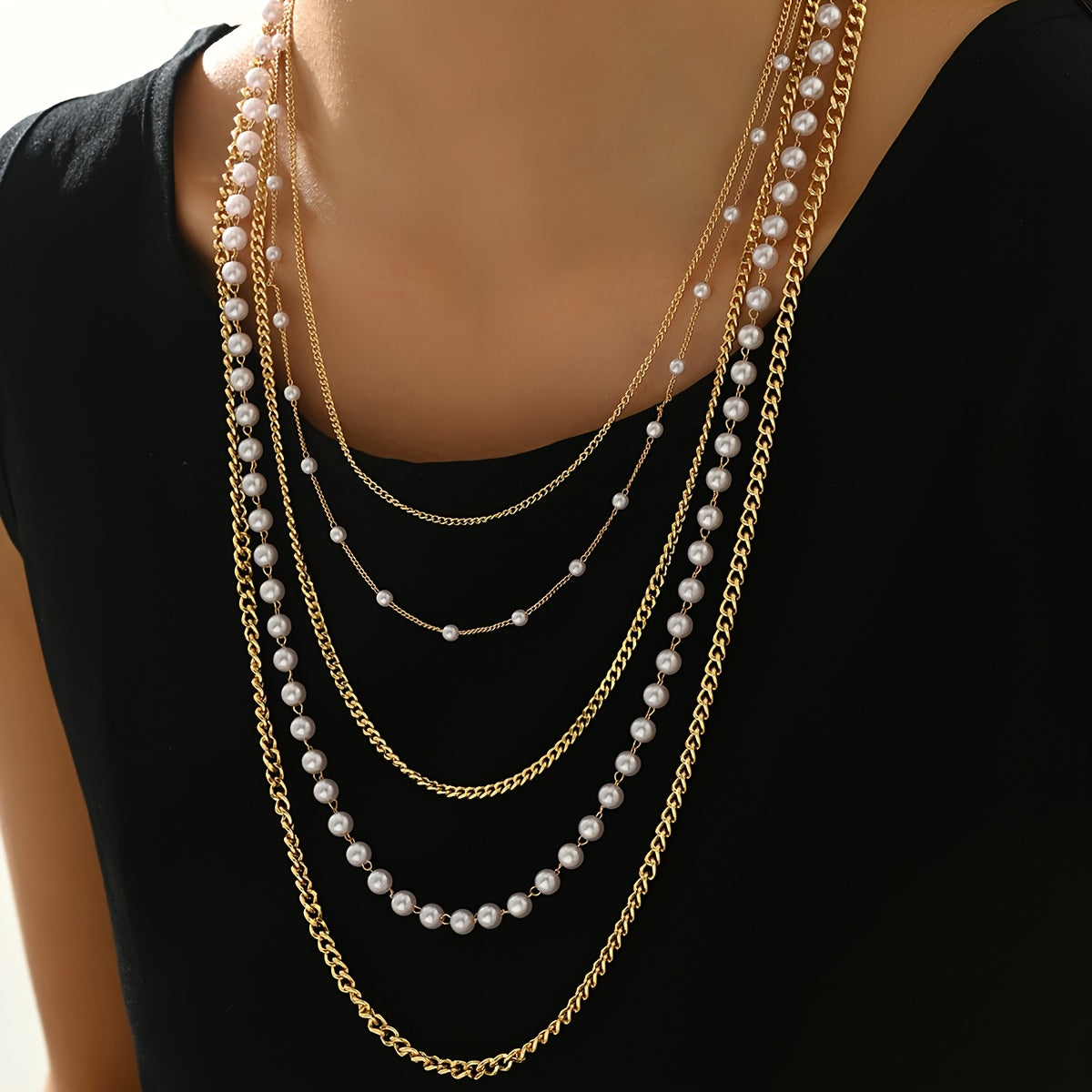 Multi-Layer Faux Pearl Necklace for Women with Iron Chain for Weddings and Formal Events