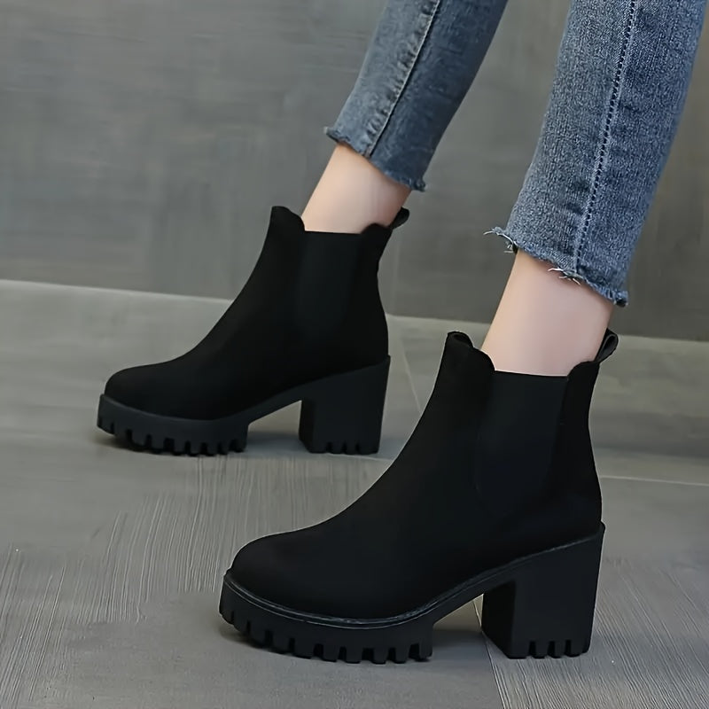 Women's Short Boots With Chunky Heel, Stretch Fabric, Comfortable Ankle Shoes