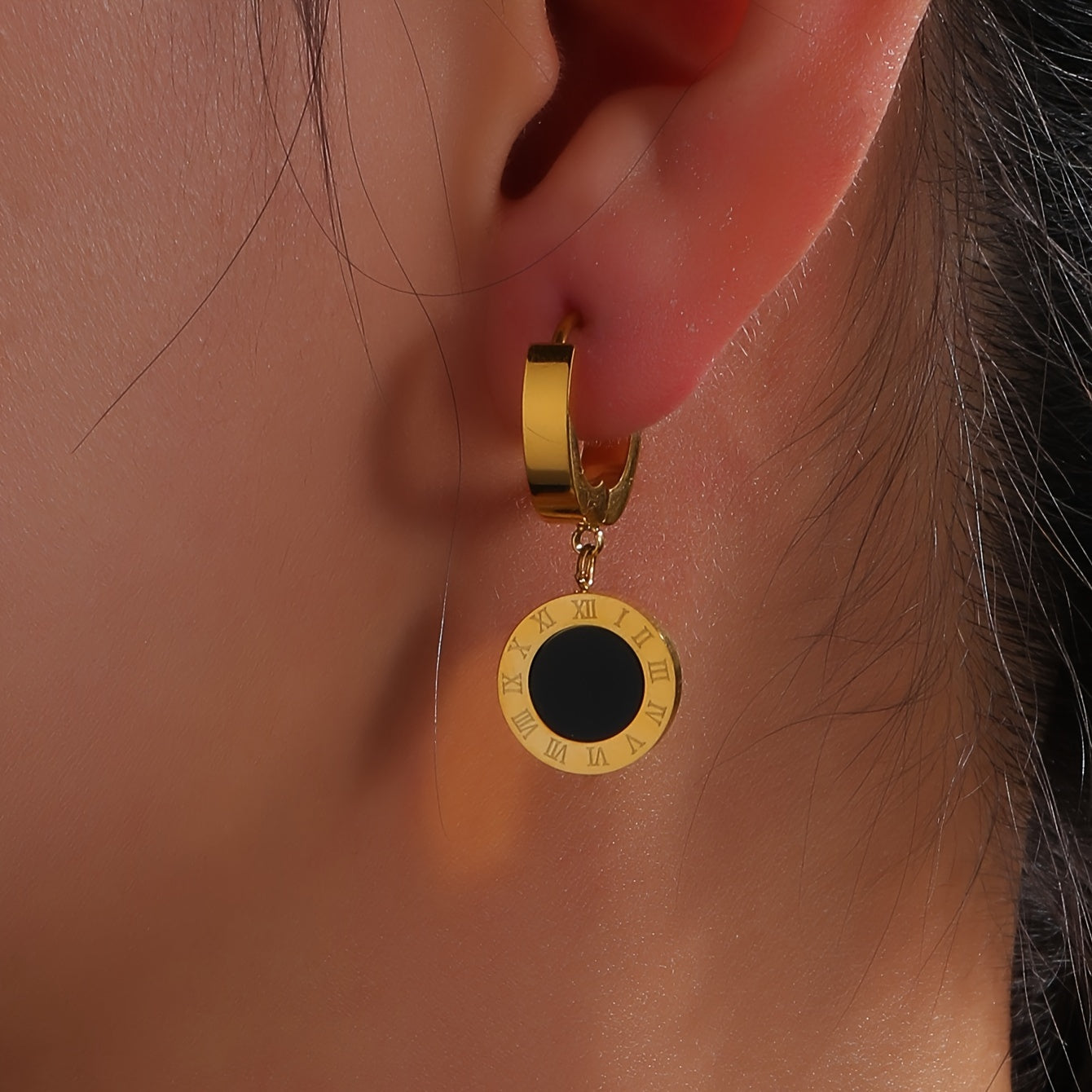 Roman Numeral Charm Necklace and Earrings Set in 18K Gold Plated Stainless Steel for Women