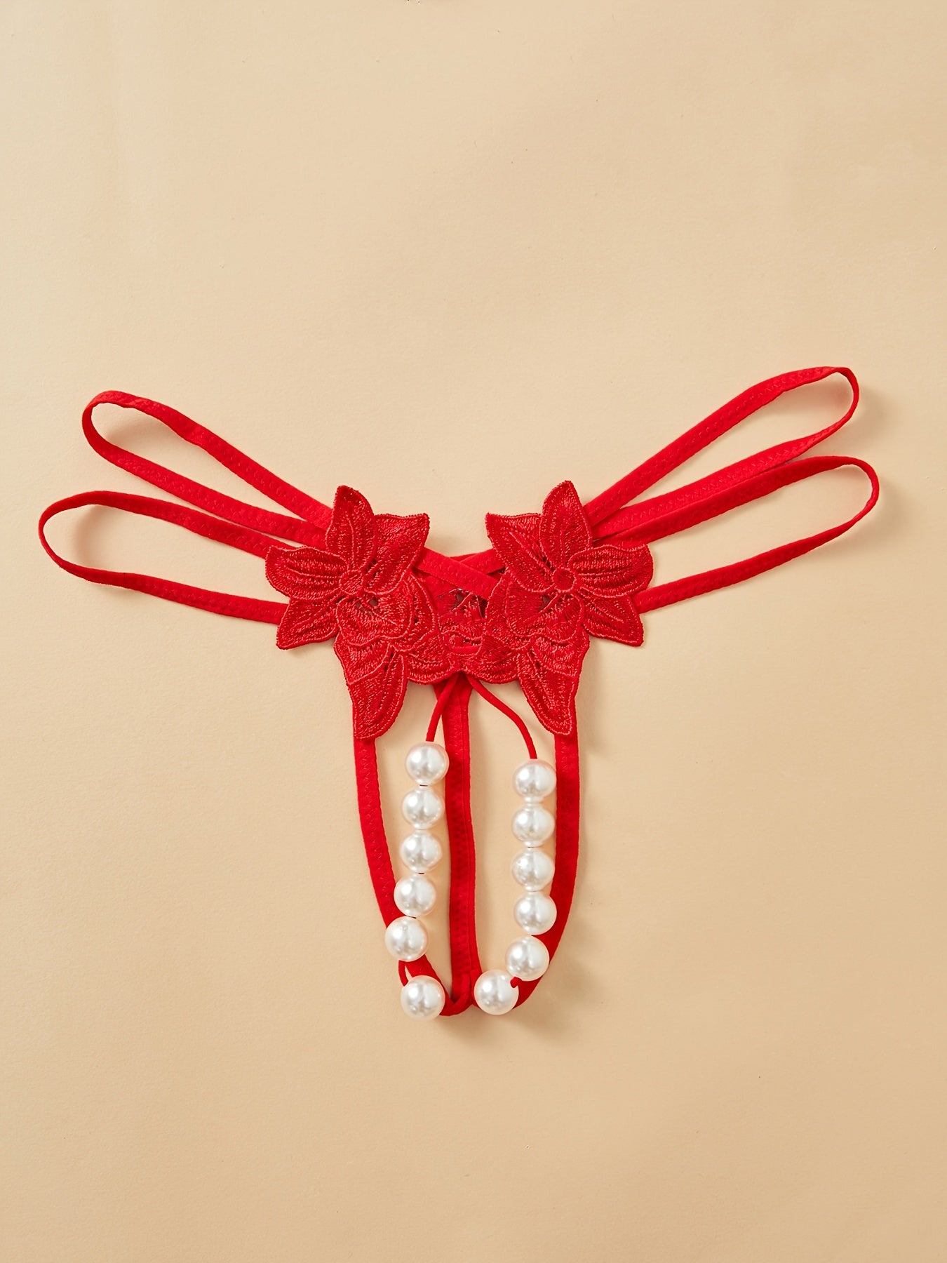 Women's Floral Applique Thongs with Faux Pearl Accents Low Waist Lingerie