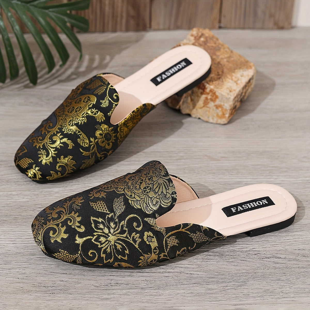 Women’s Black Embroidered Flat Shoes with Golden Floral Pattern Summer Slip-Ons
