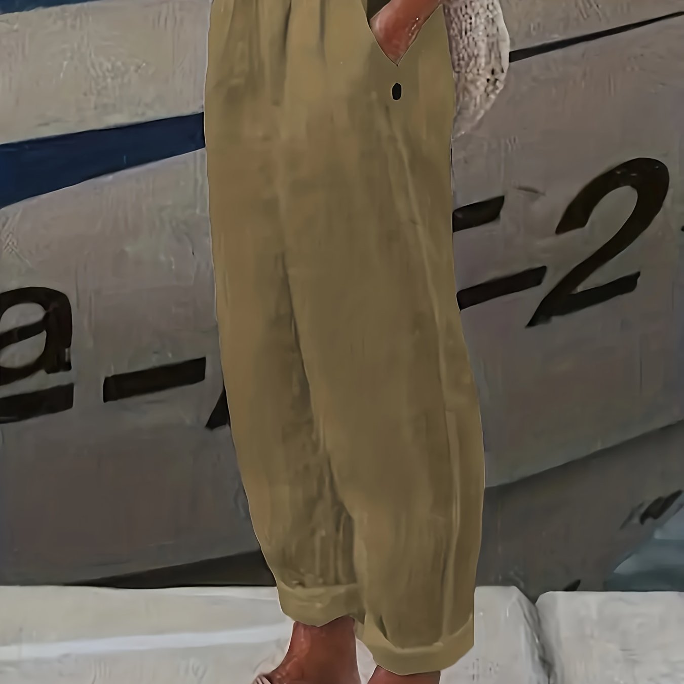 Plus Size Women's Polyester Straight Pants with Slant Pockets for Spring and Summer