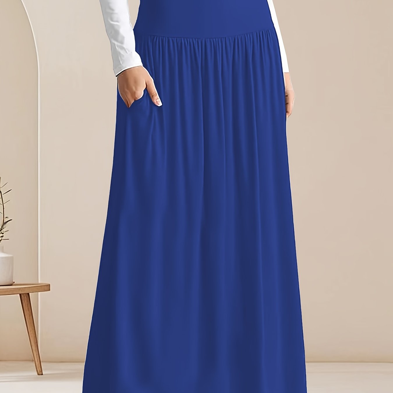 Women's Plus Size Pleated Midi Skirt with Pockets and Elastic Waist