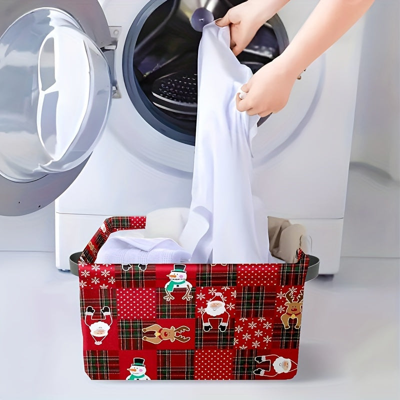 Christmas Fabric Storage Basket with Santa and Reindeer Design Folding Organizer Bin with Handles