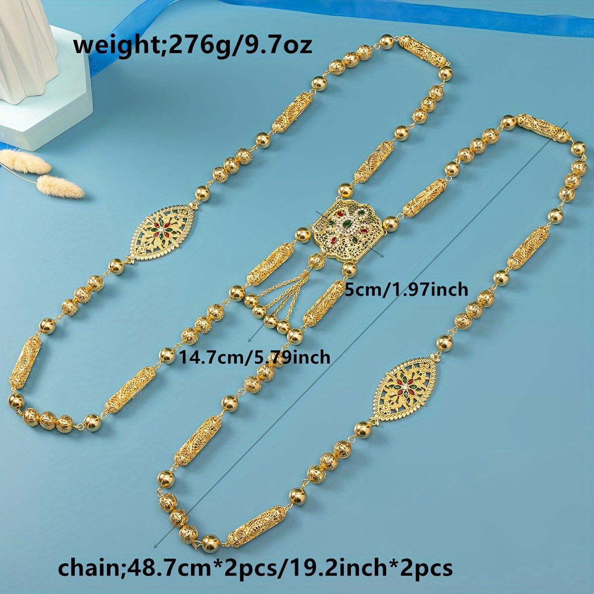 Gold Plated Arabian Body Chain with Flower Design Synthetic Stones for Weddings