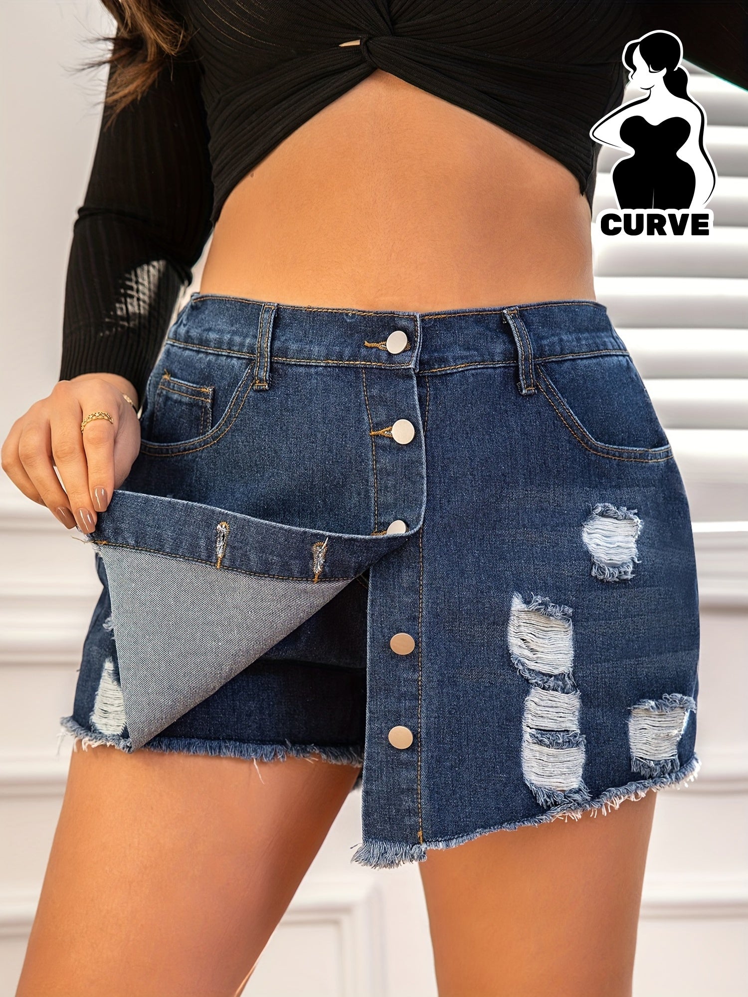 Women Plus Size Denim Culottes Asymmetrical Hem Solid Color Woven Fabric