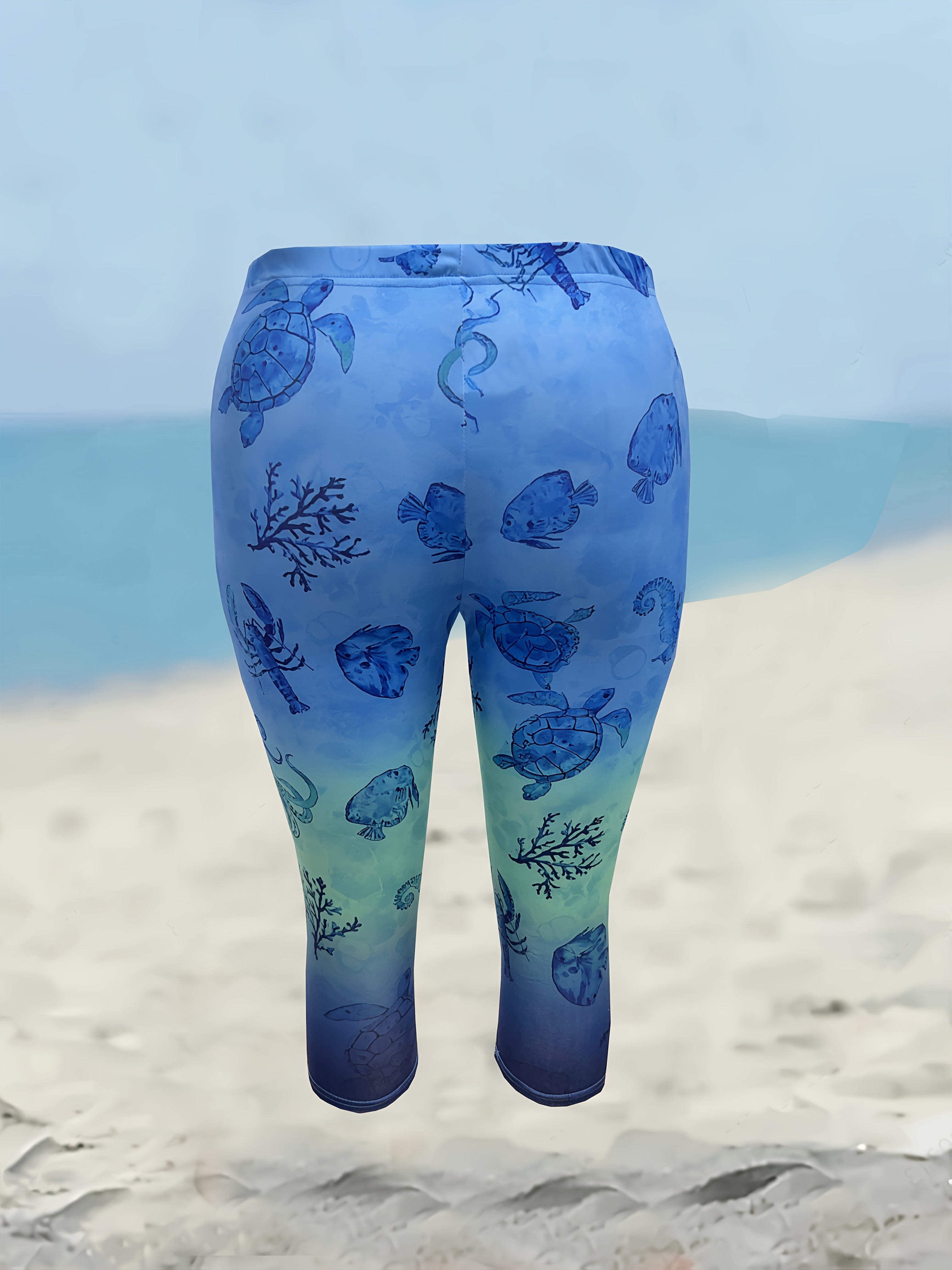 Women's Plus Size Capri Leggings with Turtle Print, Blue Green Gradient, Stretchy Fabric