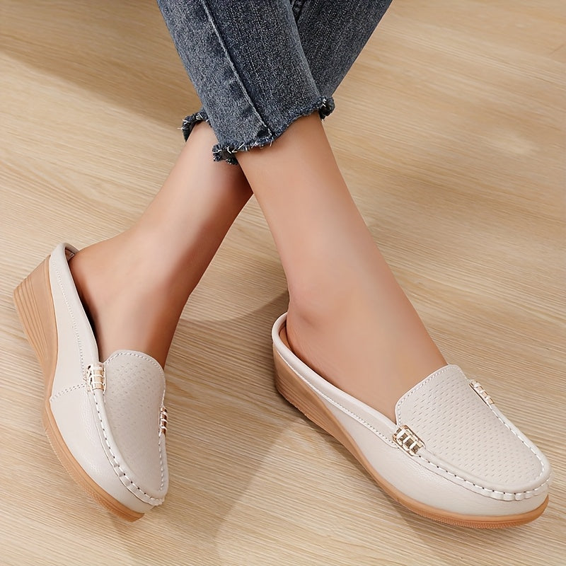 Women Slip-On Loafers Faux Leather Casual Shoes Golden Buckle All-Season