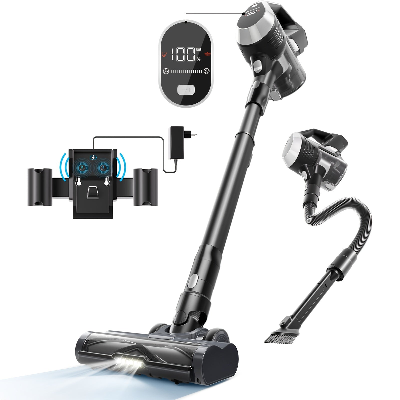 Cordless Vacuum Cleaner with LED Display Anti-Tangle Brush Powerful Suction for Pet Hair Hardwood Floors and Carpets