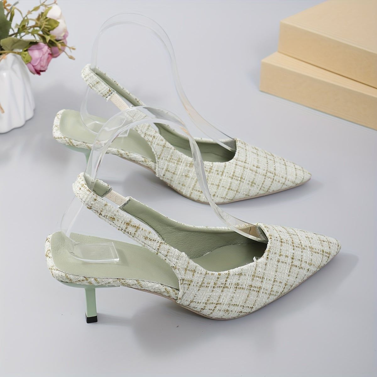 Women's Plaid Pattern Stiletto Heels with Ankle Strap and Pointed Toe