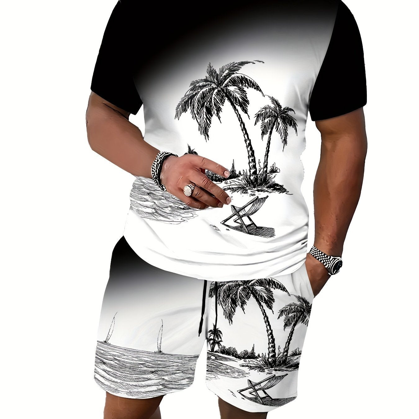 Tropical Beach Sunset Lounge Set with 3D Palm Tree Print Short Sleeve Crew Neck Tee and Drawstring Shorts for Women
