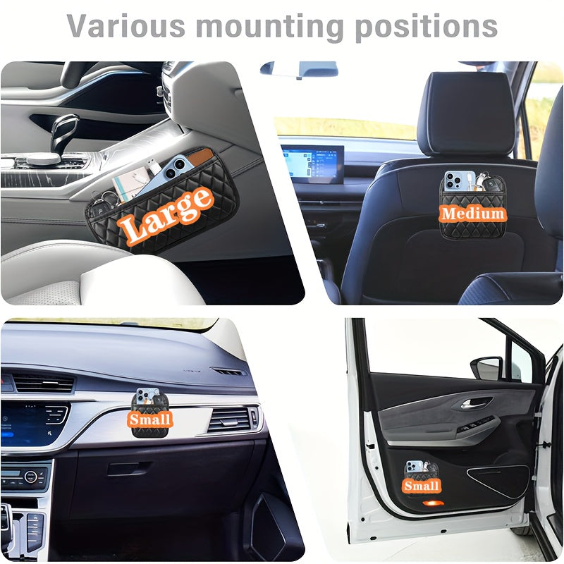 Black Quilted PU Leather Car Seat Organizer for Phone Keys Coins Storage