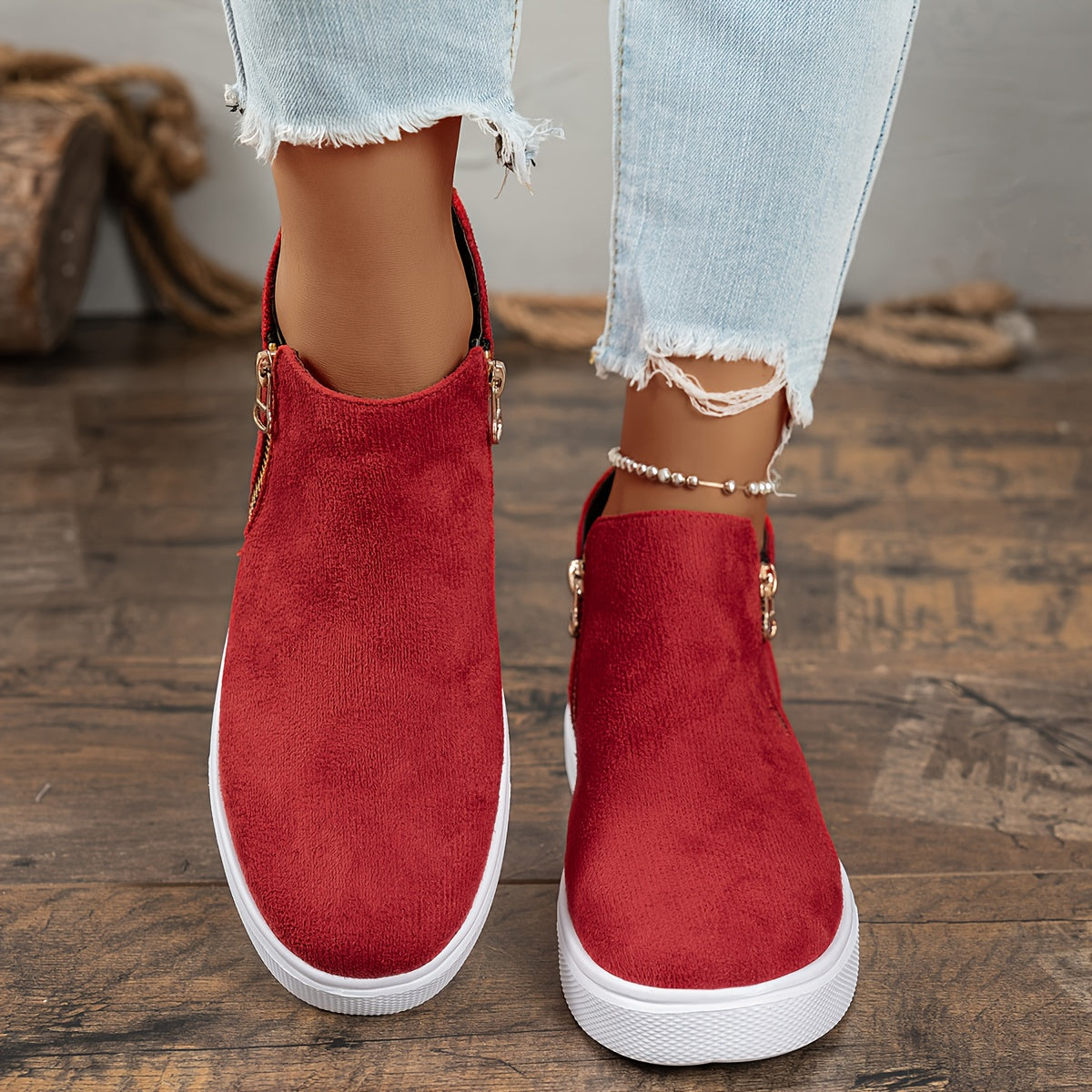 Women's Wedge Heel Ankle Boots Leather Chunky Zipper Casual Shoes