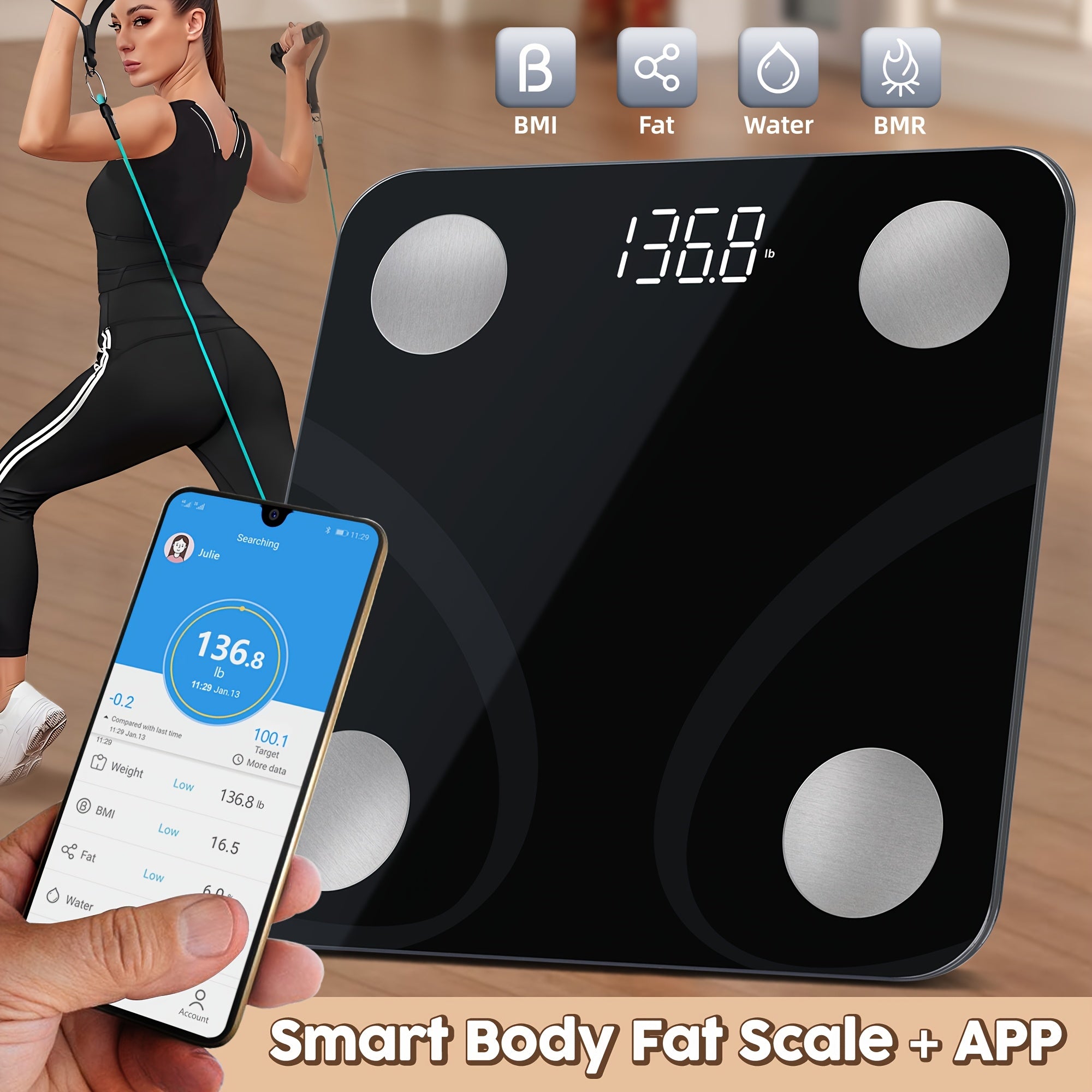 Qora rangda 181.44 KG sig‘imi, BMI kuzatuvi va ilova bilan sinxronlash imkoniyatiga ega aqlli skala (batareyalar kiritilmagan).