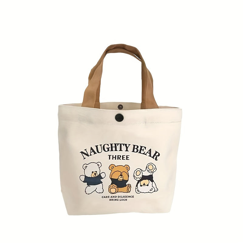 Uzoq muddatli Kvadrat Kanvas Ovqat Sumkasi, Uchta Yovuz Ayı Dizayni bilan Hayvon Mavzusi - Talabalar va Ofis Ishchilari uchun Mukammal Qo'l Yuviladigan Sumka.