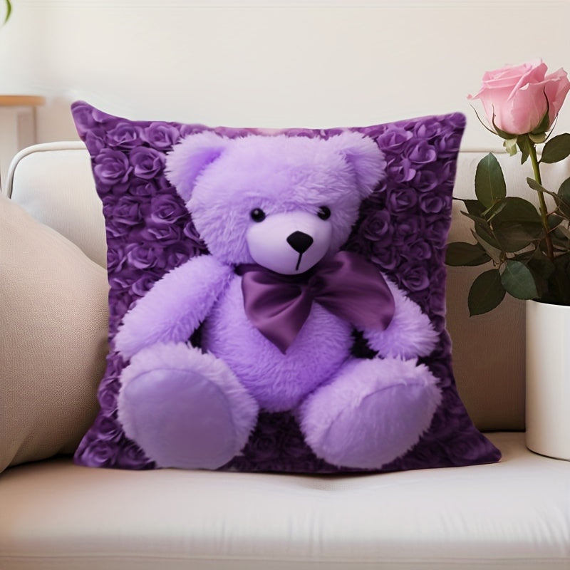 Floral Bear Cushion Cover Double-Sided Woven Polyester Zippered Decorative Pillowcase