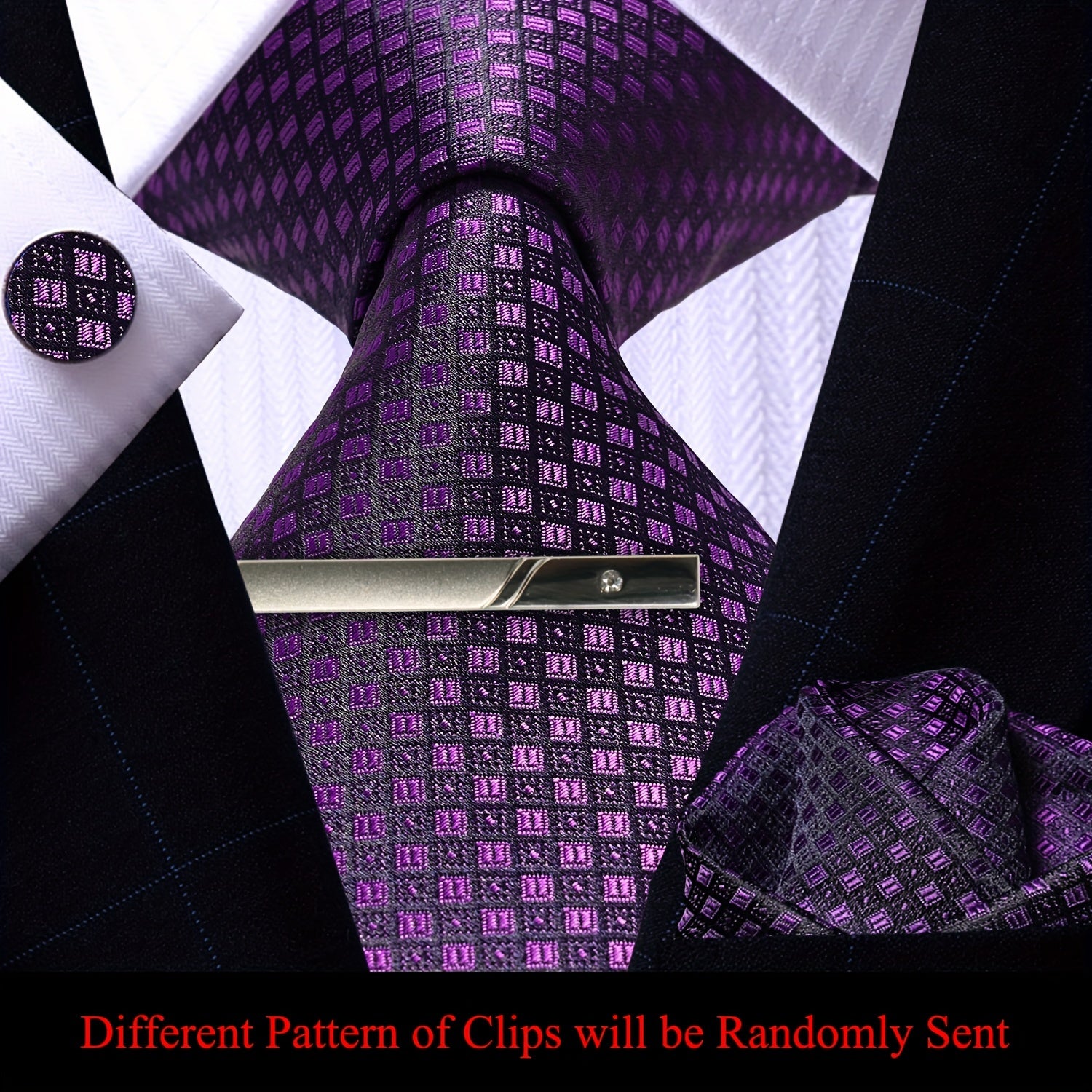 Men's Plaid Tie Pocket Square Cufflinks and Clip Set