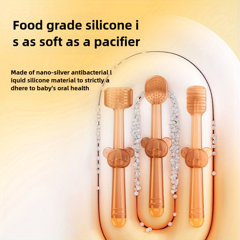 Baby Oral Care Set 3-Piece Silicone Toothbrush Collection for Infants and Toddlers Soft Deciduous Tongue U-Shaped Bear Design
