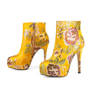 Women Floral Embroidered Ankle Boots Fabric Round Toe Zipper Heels