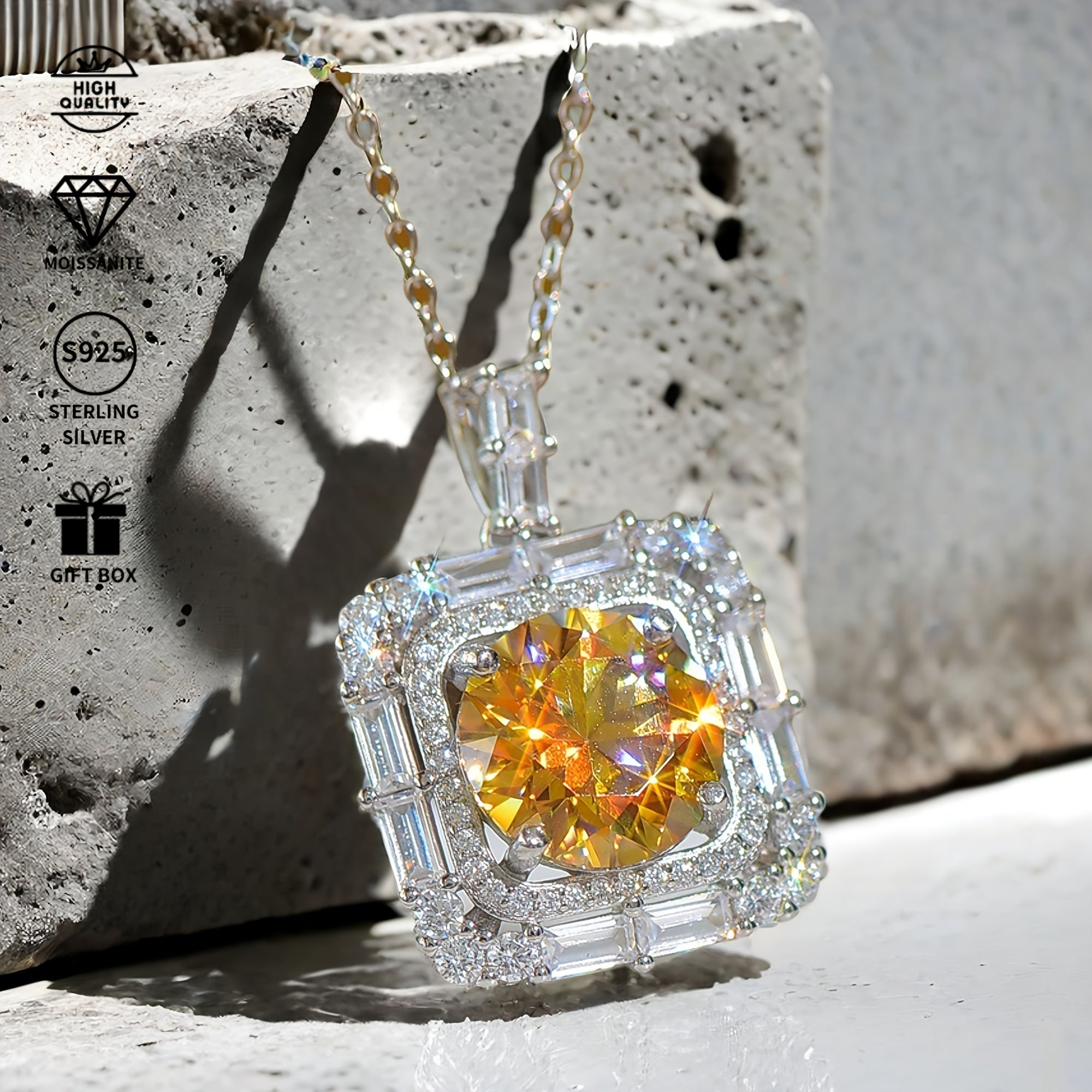 Sterling Silver Square Pendant Necklace 5 Carat Yellow Moissanite Jewelry