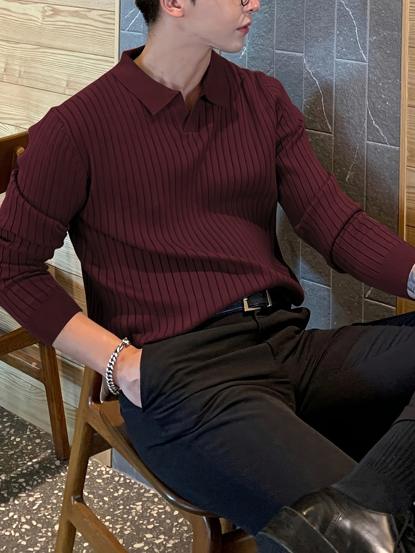 Men's V-Neck Sweater for Autumn and Winter Knit Fabric Solid Color Casual