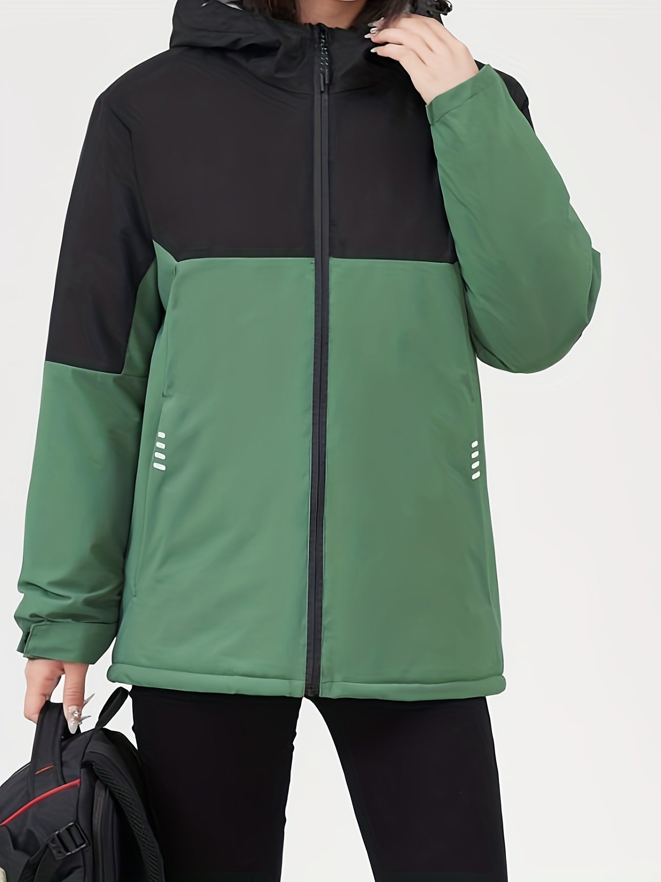 Plus Size Women's Colorblock Long Sleeve Zip Up Hooded Puffy Jacket