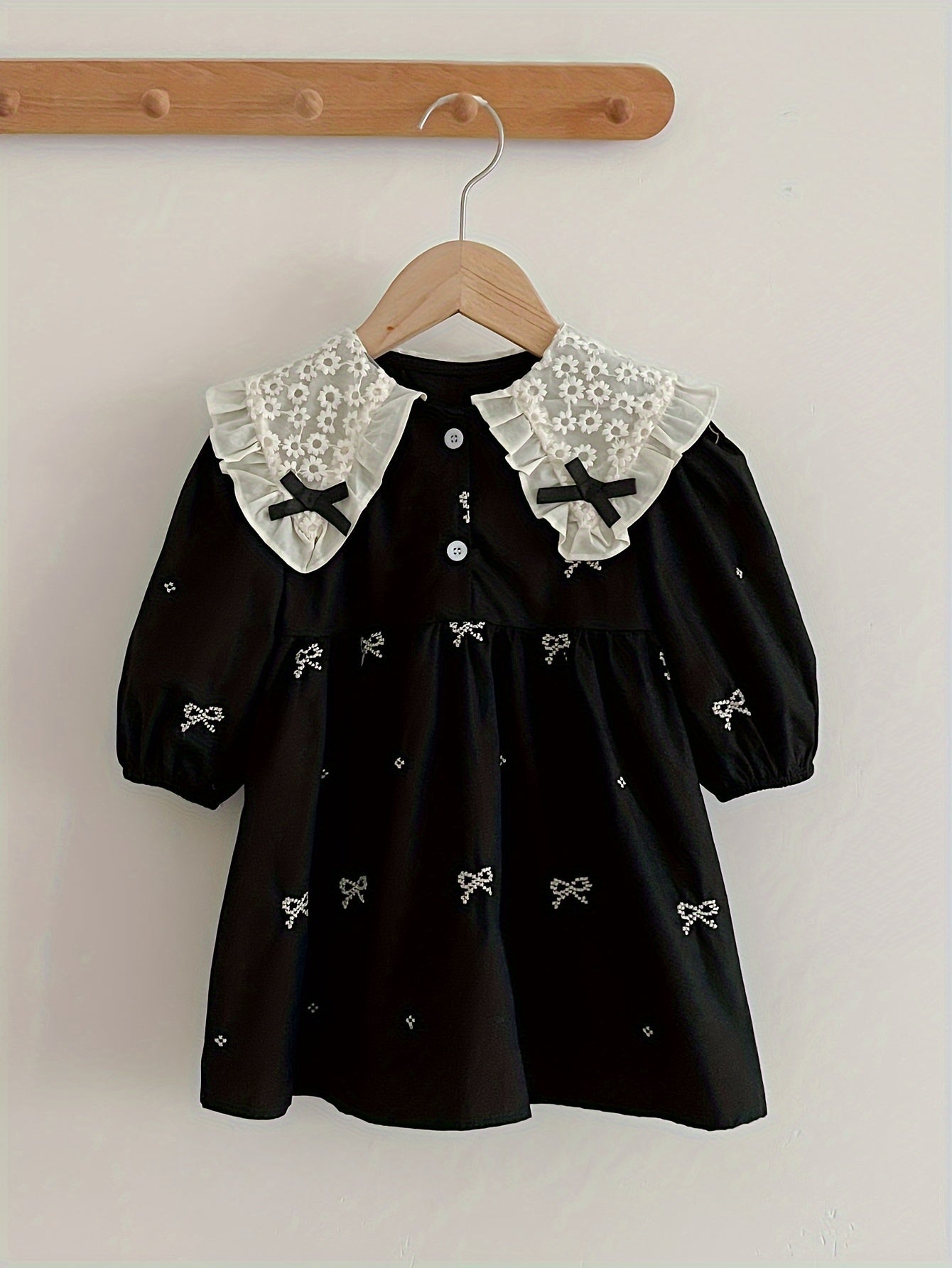 Girls' Navy Blue Cotton Princess Dress with Bow Ruffled Collar and Long Sleeves