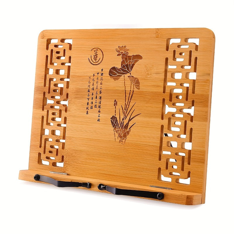 Bamboo Desktop Bookstand with Adjustable Positions and Hollow Pattern for Reading Painting and Video Viewing