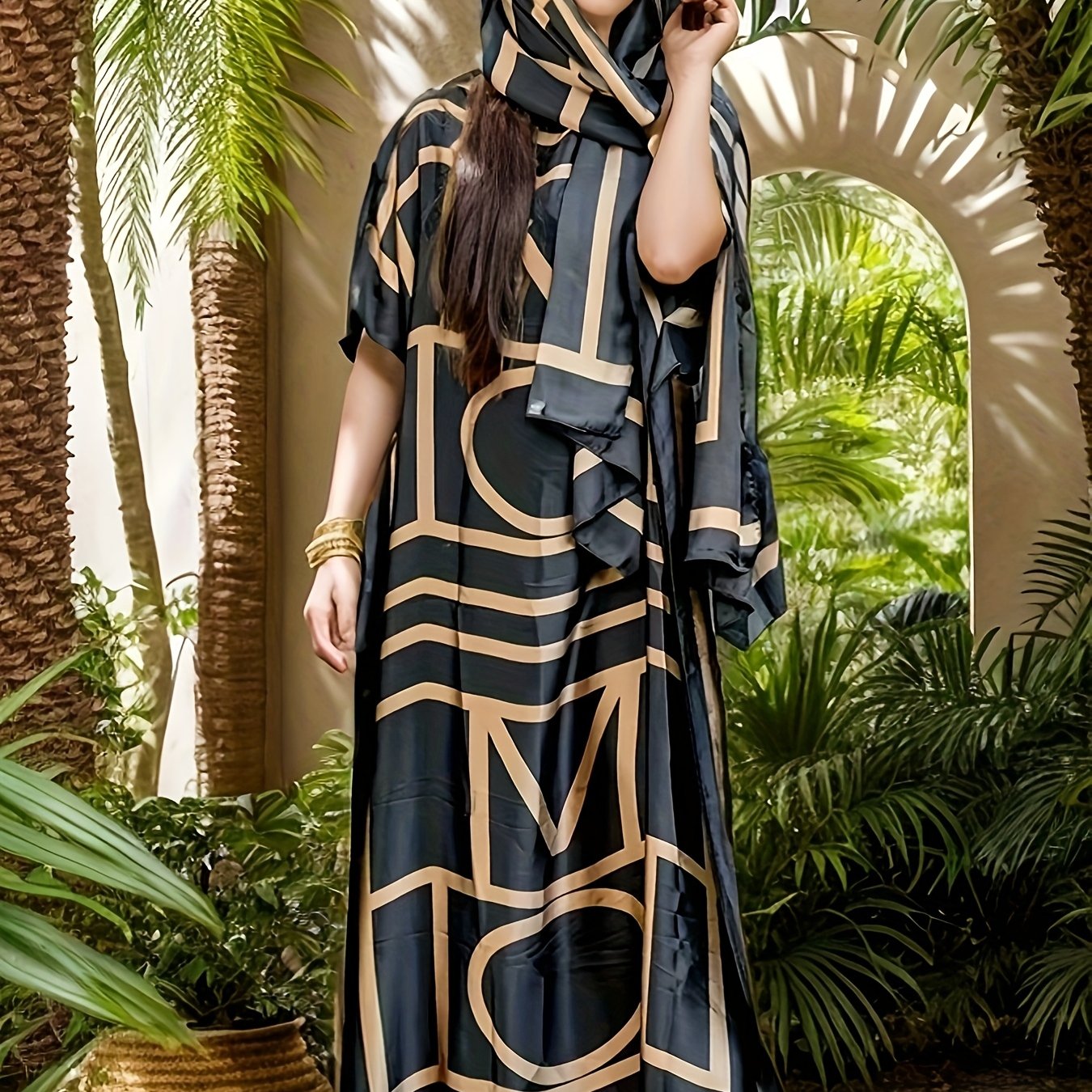 Plus Size Geometric Pattern Robe Dress with Black and Gold Tones for Women