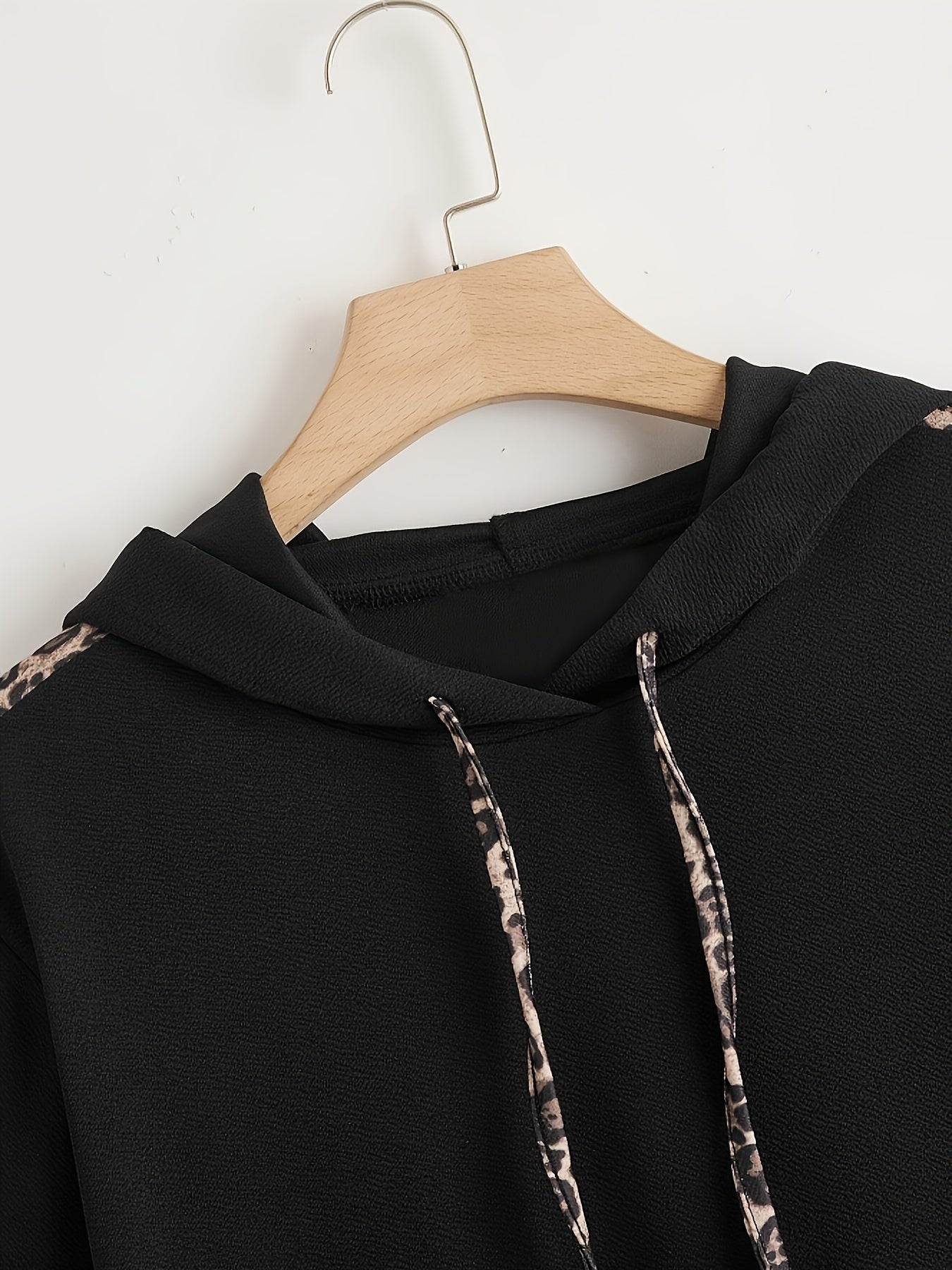 Black Hoodie for Women with Leopard Print Accents Polyester Knit Oversized Pullover