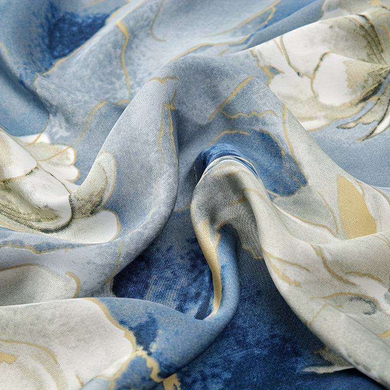 Women's Blue Big Flower Printed Scarf Shawl Satin Silk Feel Beach Towel for Outdoor Activities