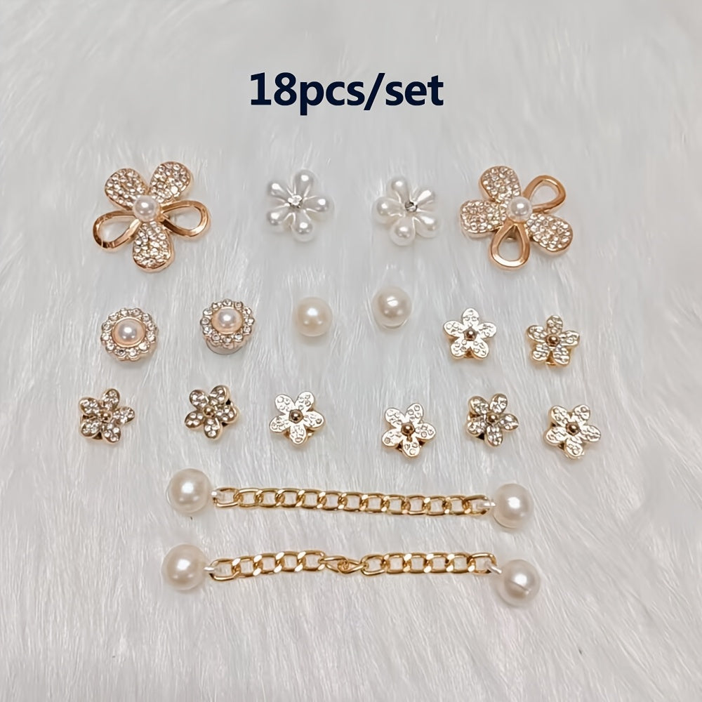 Women Faux Rhinestone Shoe Charms Set with Flowers and Chains 18pcs