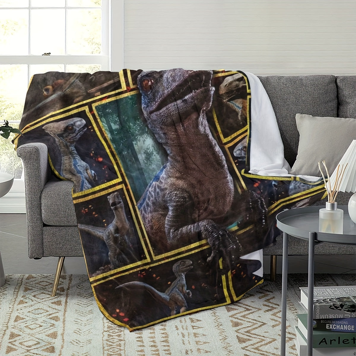 Plush Throw Blanket Geometric Dinosaur Pattern Polyester All-Season