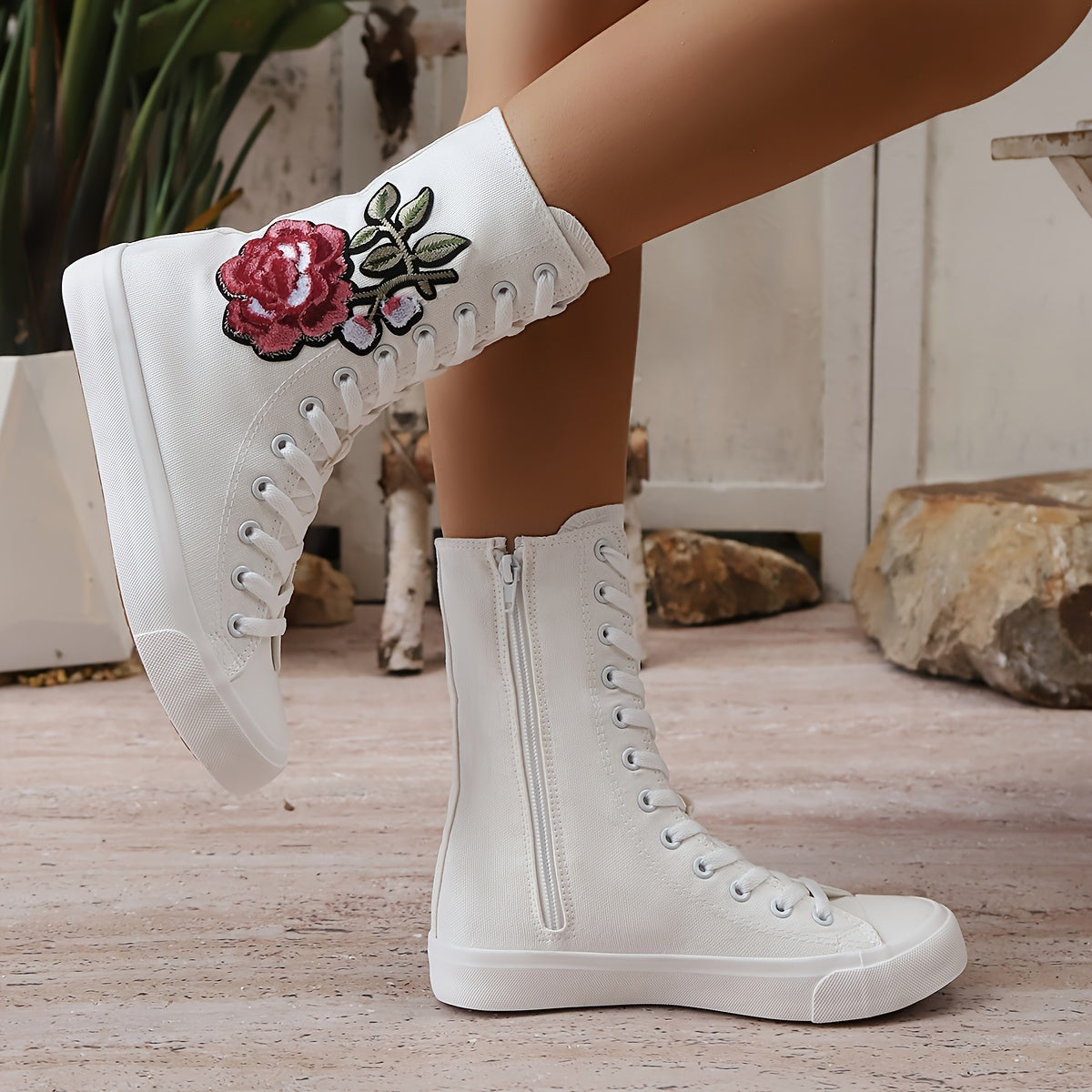 Women's Floral Embellished Mid-Calf Boots Leather Low Heel Casual All-Season