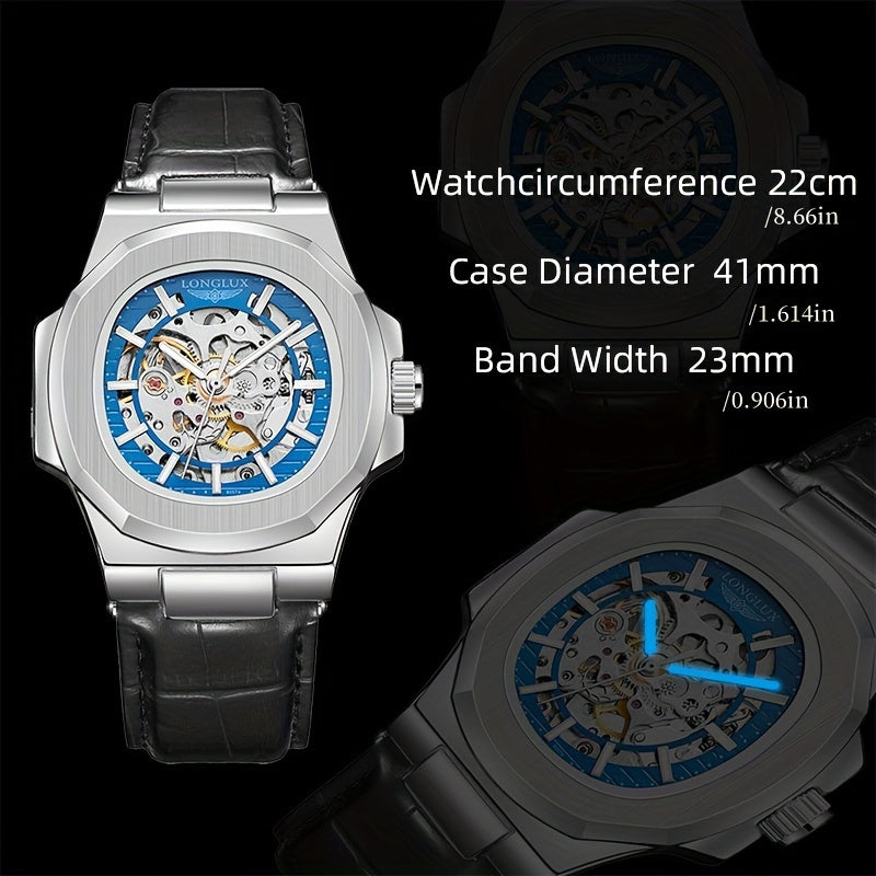 Men's Mechanical Watch Square Dial Waterproof Faux Leather Strap 4.1cm