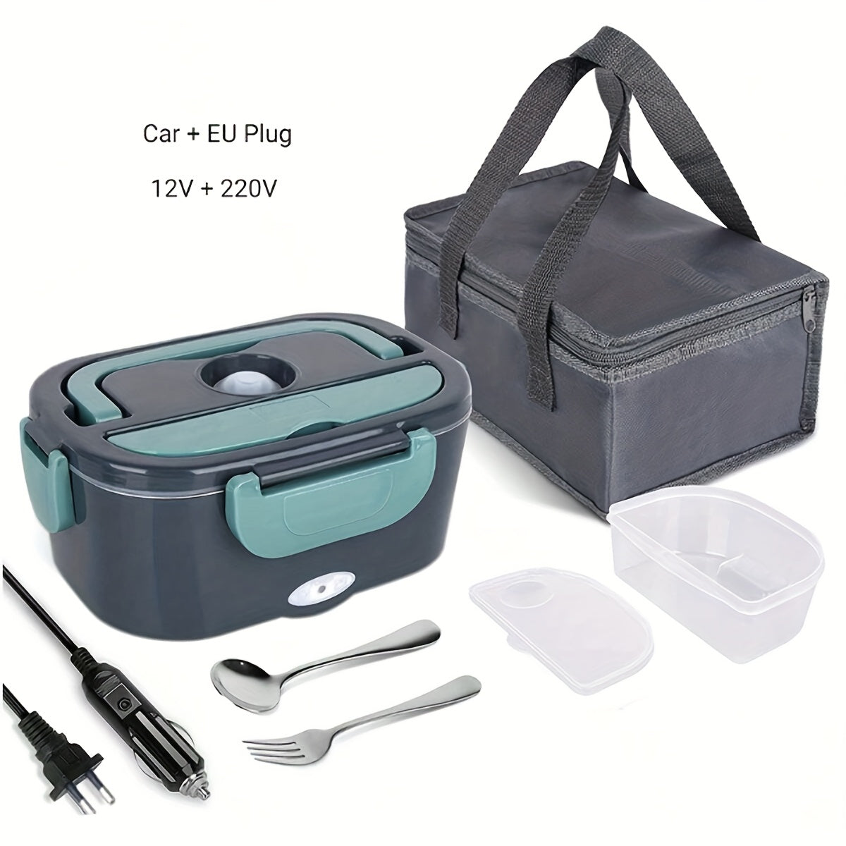 Set de calentador de comida para lonchera eléctrica 1.5L, portátil, para coche y hogar, a prueba de fugas, acero inoxidable