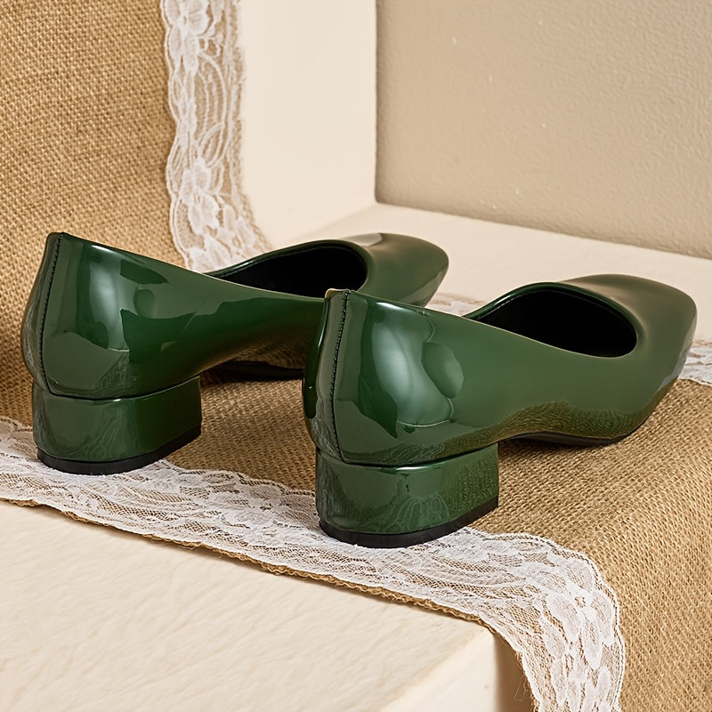 Women's Green Square Toe Mary Jane Pumps Breathable Synthetic Low Block Heel Dress Shoes