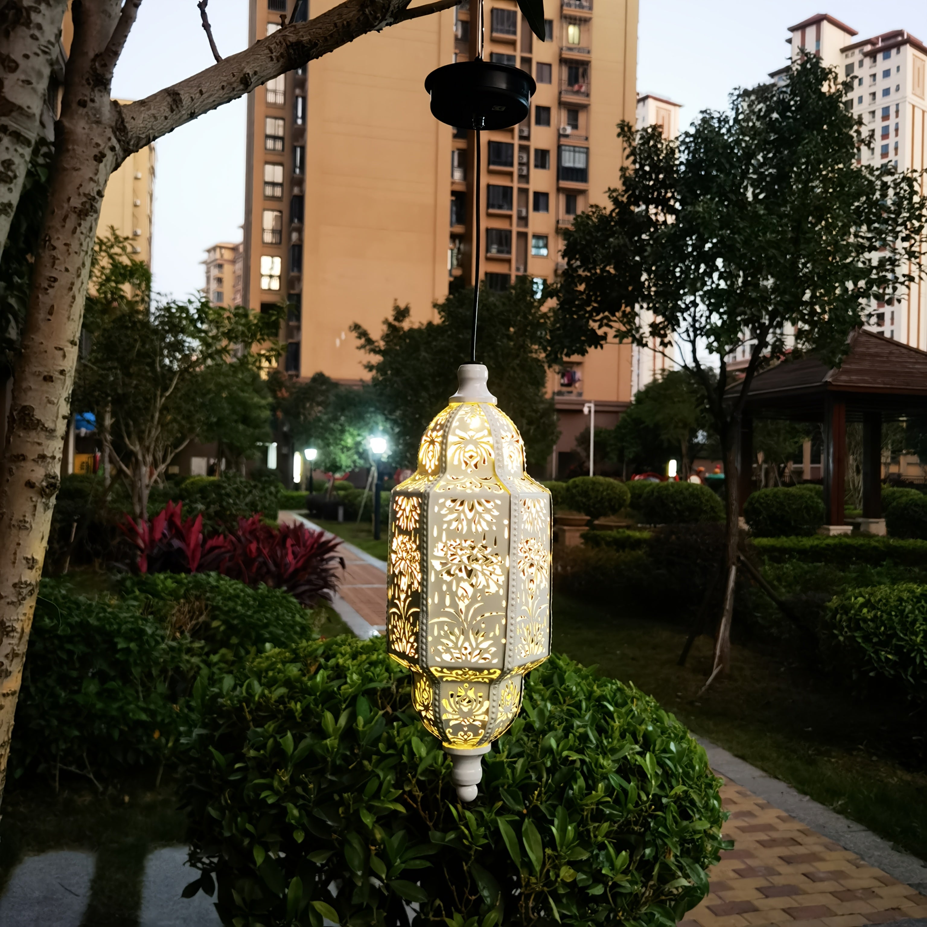 Moroccan Hexagonal Solar Lantern with Flower Projections for Outdoor Decoration