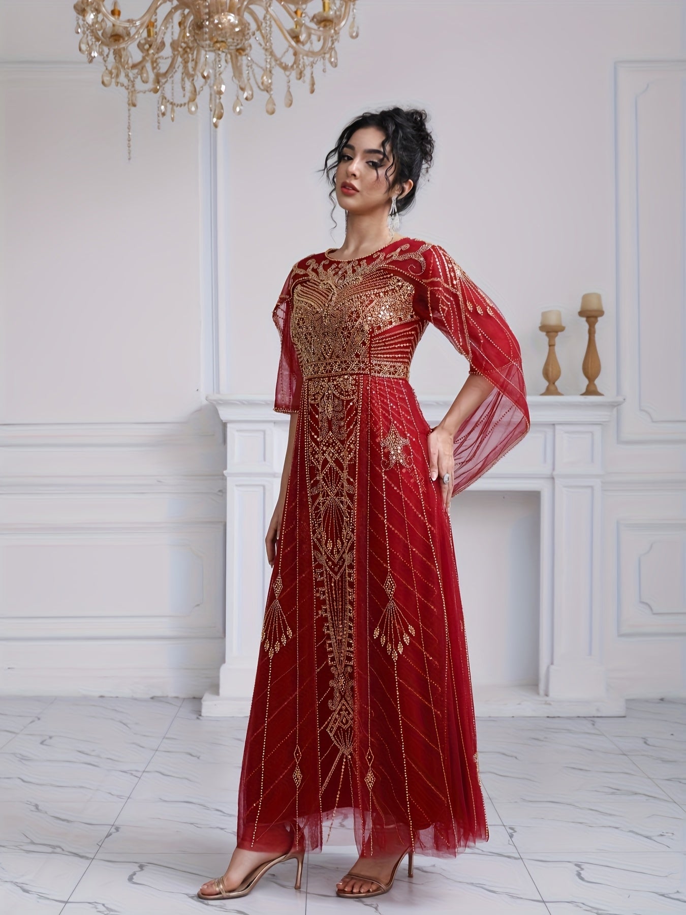 Women's Sequin Beaded Embroidery Evening Dress Fitted Bodice Wedding Gown