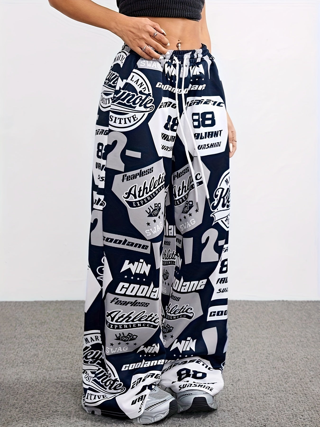 Women's Y2K Style Wide Leg Casual Soccer Pants with Letter Print Polyester Knit Drawstring Waist All-Season