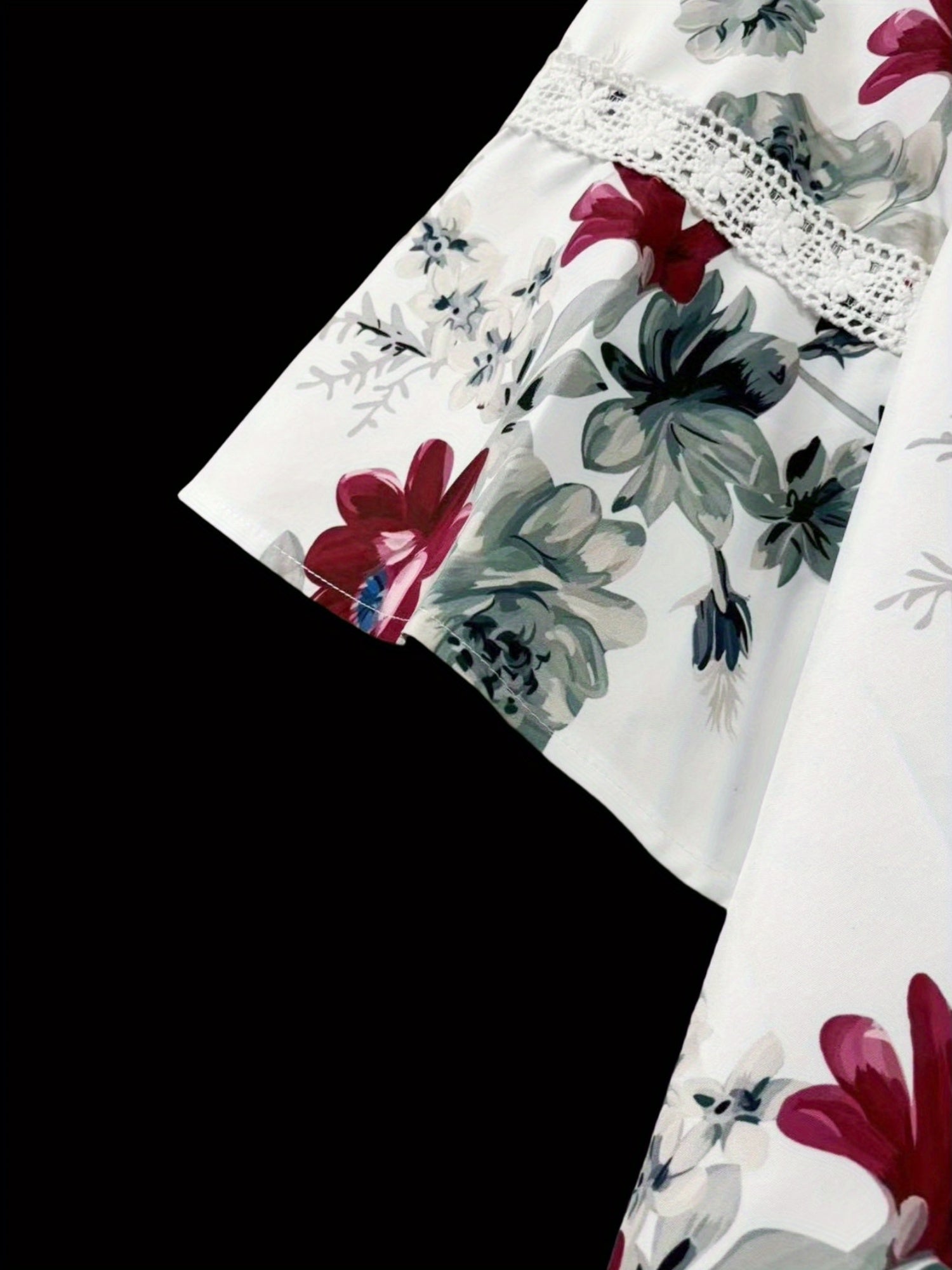 Plus Size Floral Print Blouse Lace Ruffle Neck Casual Top