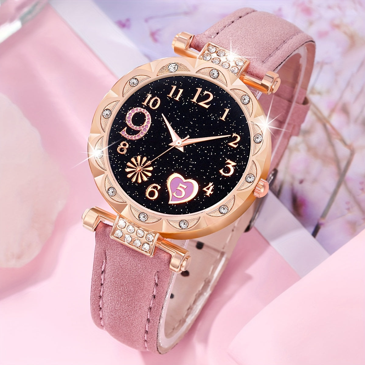 Women's Pink Faux Leather Strap Watch and Multi-Color Crystal Jewelry Set