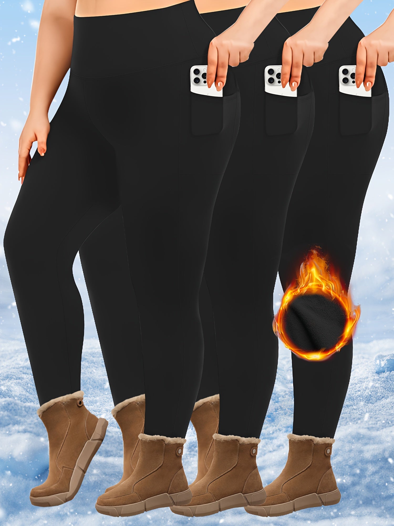 Women's Fleece-Lined High-Waist Leggings with Pockets Black Cold Weather