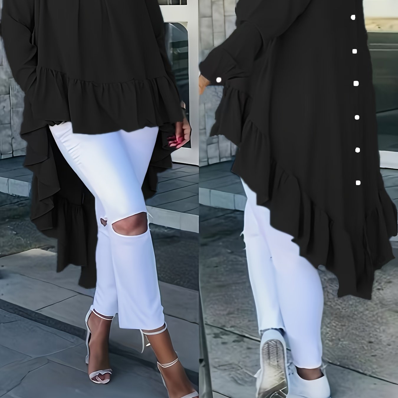 Блузка женская повседневная большого размера с голубым рюшевым краем и длинными рукавами, всесезонная