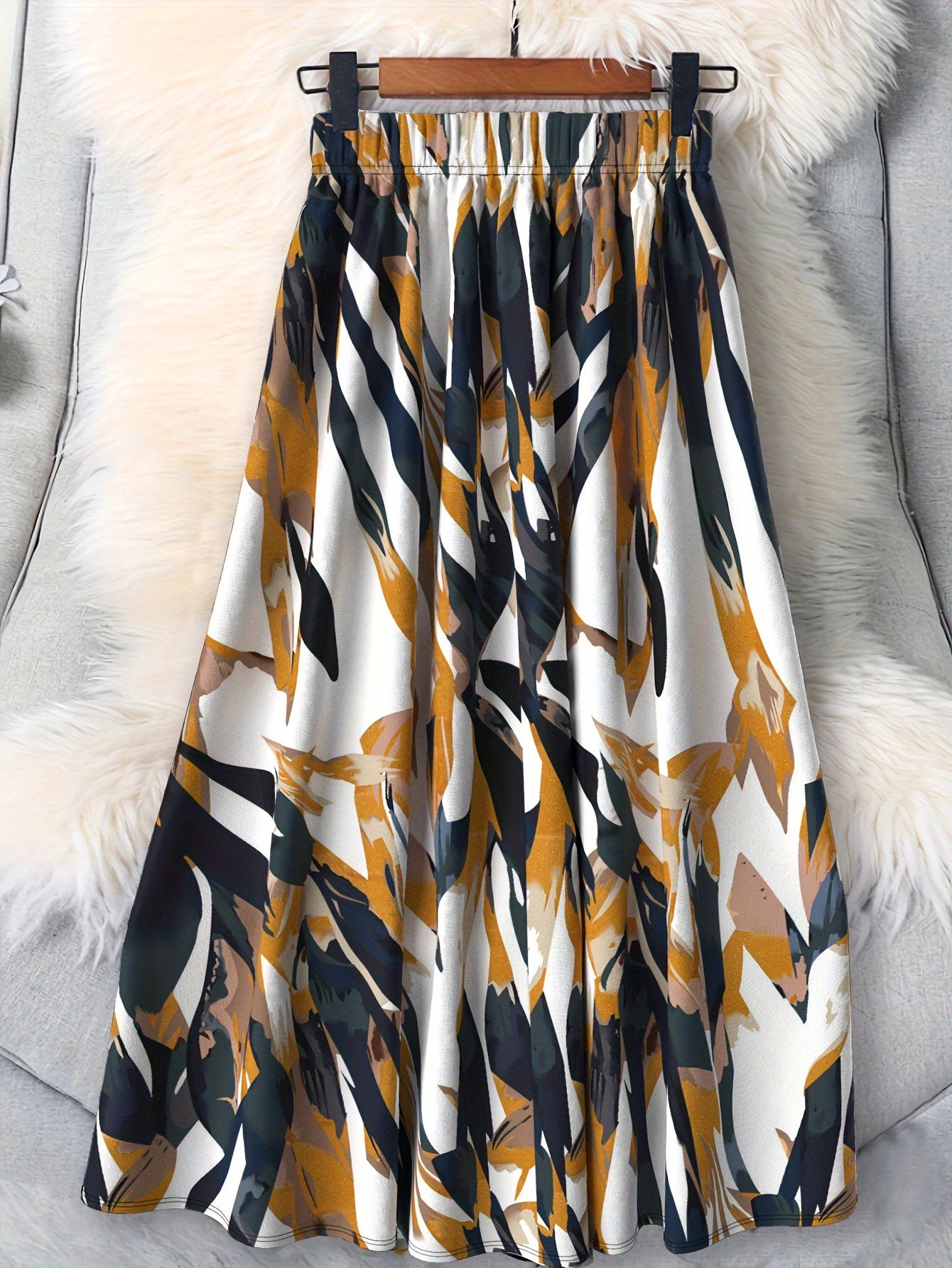 Plus Size Flared Skirt Polyester Blend Abstract Geometric Print Versatile