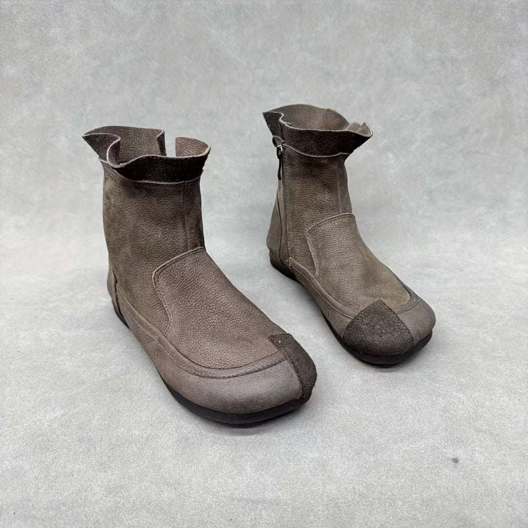 Women's Genuine Leather Mid-Calf Ankle Boots with Low Heel and Zipper