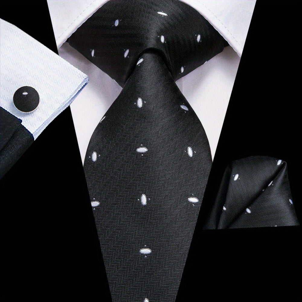Men's Jacquard Woven Black Tie Set with Cufflinks and Hanky for Weddings and Business