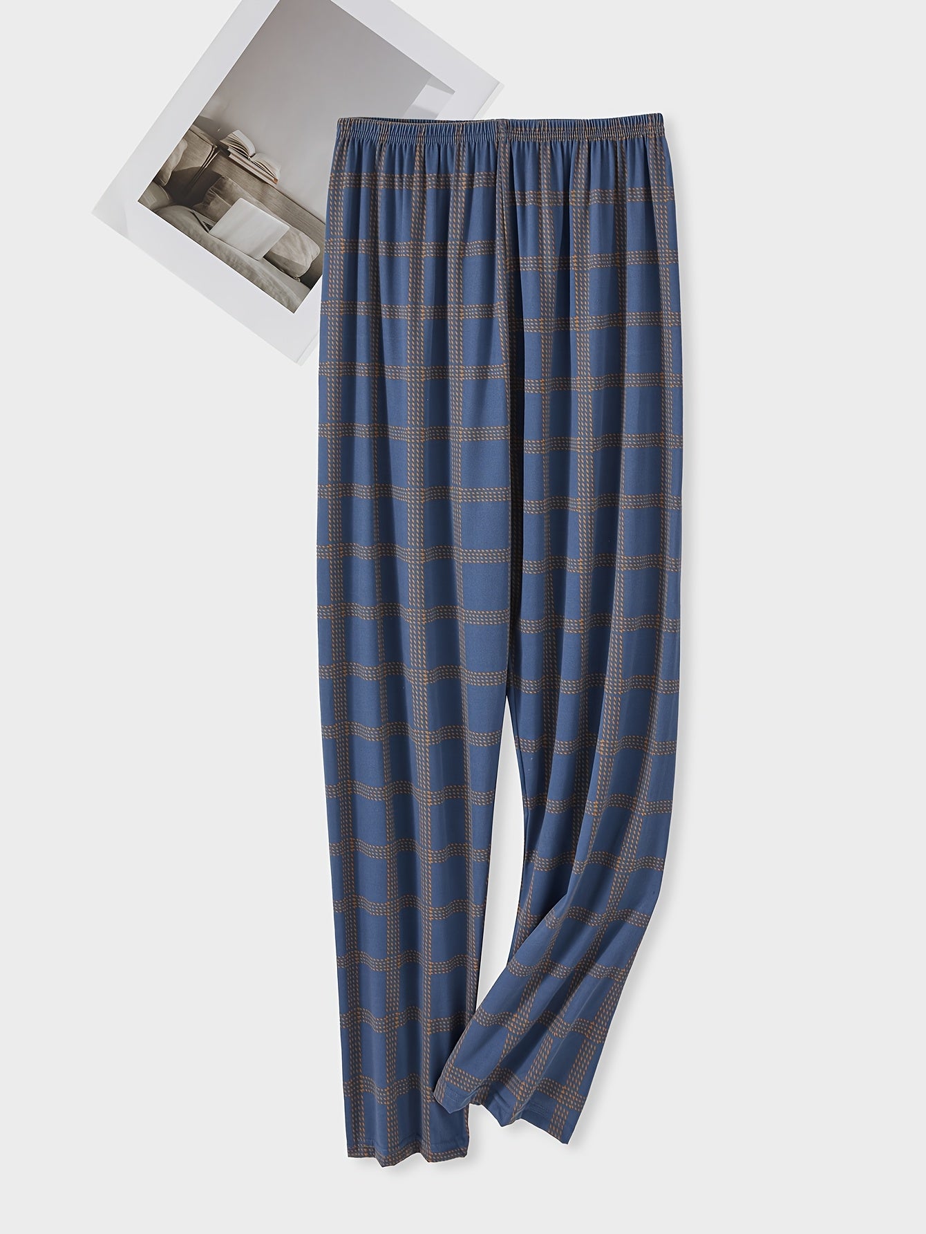 Men's Plaid Pajama Pants Blue Brown Polyester Elastic Waist Casual Sleepwear